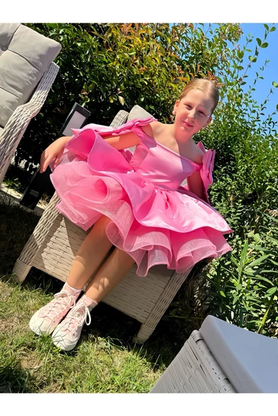Kız Çocuk Pembe Kabarık Elbise, Pembe Grenli Saten Elbise - 5