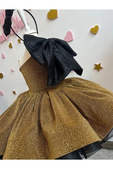 Kız Çocuk Gold Kabarık Elbise, Kız Çocuk Grenli Abiye Elbise - 5