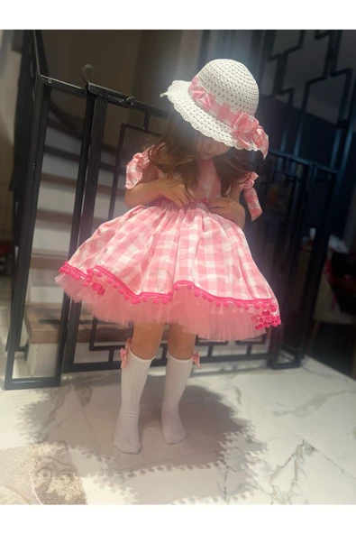 Kız Çocuk Pembe Ekose Desenli Elbise, Kız Çocuk Kabarık Pembe Elbise Şapka Çanta Çorap Takım - 4