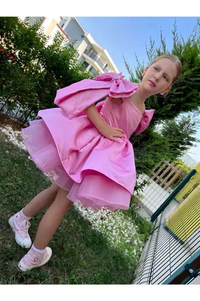 Kız Çocuk Pembe Kabarık Elbise, Pembe Grenli Saten Elbise - 7