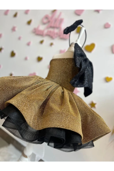 Kız Çocuk Gold Kabarık Elbise, Kız Çocuk Grenli Abiye Elbise - 2