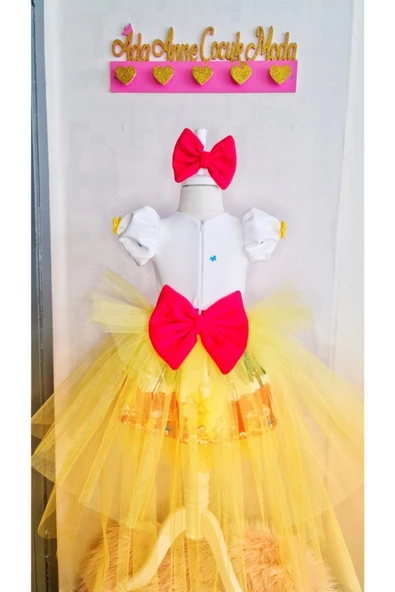 Kız Çocuk Kırmızı Pamuk Prenses Kuyruklu Tüllü Kabarık Elbise - 3