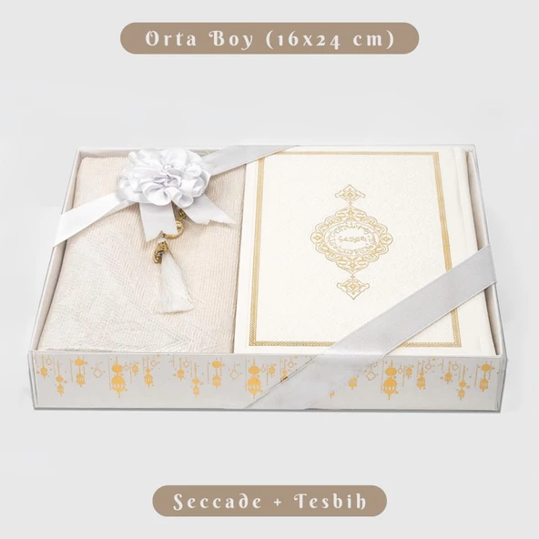 Kuran +  Seccade +  Tesbih Hediye Seti (Orta Boy, Termo Deri, Desenli Kutu, Beyaz) ürün görseli 1