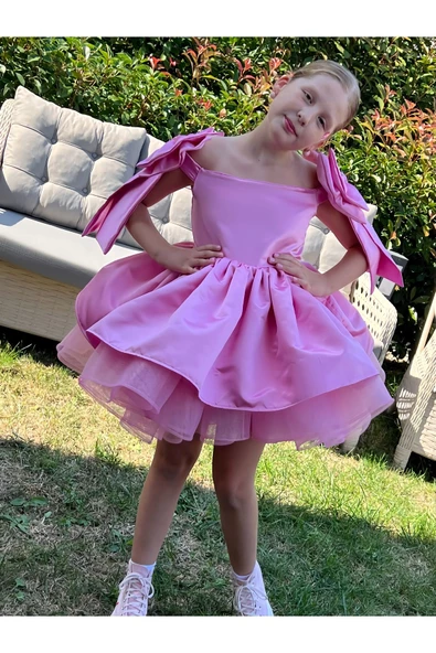Kız Çocuk Pembe Kabarık Elbise, Pembe Grenli Saten Elbise - 4