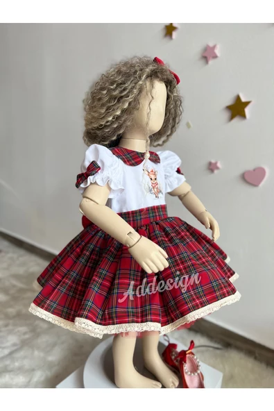 Kız Çocuk Ekose Elbise, Ekose Vintage Elbise, Kız Çocuk Yeni Yıl Elbisesi - 6