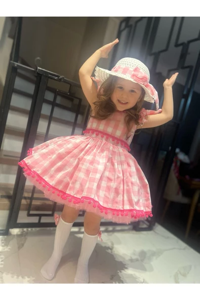 Kız Çocuk Pembe Ekose Desenli Elbise, Kız Çocuk Kabarık Pembe Elbise Şapka Çanta Çorap Takım - 5