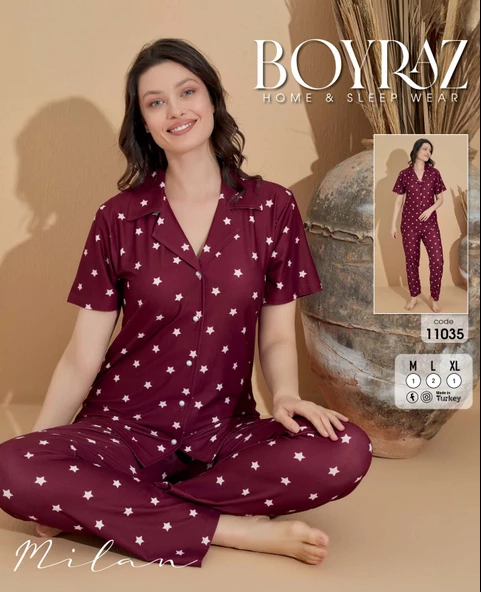 BOYRAZ 11035 BAYAN DÜĞMELİ KISA KOL PIJAMA TAKIMI - 2