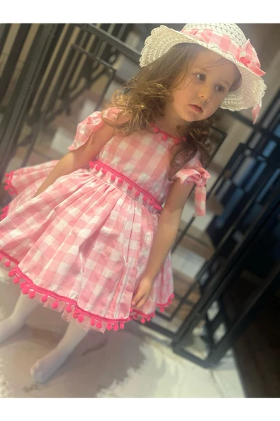 Kız Çocuk Pembe Ekose Desenli Elbise, Kız Çocuk Kabarık Pembe Elbise Şapka Çanta Çorap Takım - 8