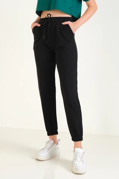 Kadın Şardonlu Paça Lastikli Eşofman Altı Siyah - 3