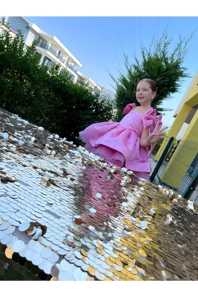 Kız Çocuk Pembe Kabarık Elbise, Pembe Grenli Saten Elbise - 6