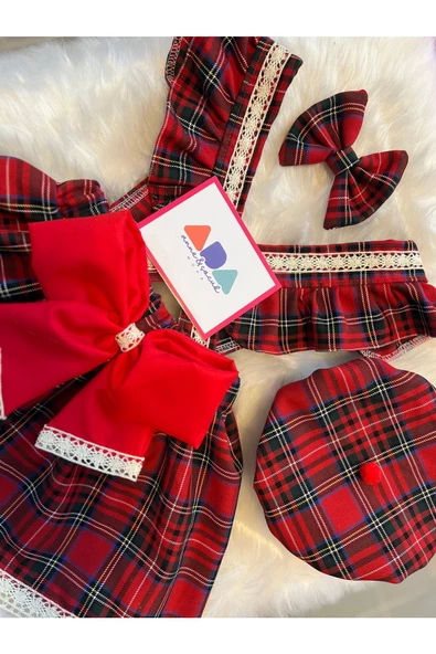 Kız Çocuk Dantelli Kırmızı Ekose Elbise Şapka Toka Set , Ekose Salopet Takım - 5
