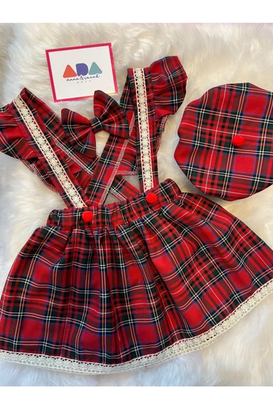 Kız Çocuk Dantelli Kırmızı Ekose Elbise Şapka Toka Set , Ekose Salopet Takım - 2