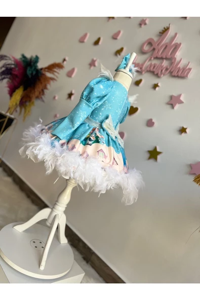 KIZ ÇOCUK ELSA KARLAR KRALİÇESİ TÜYLÜ VE TÜLLÜ KABARIK TASARIM ELBİSE - 7