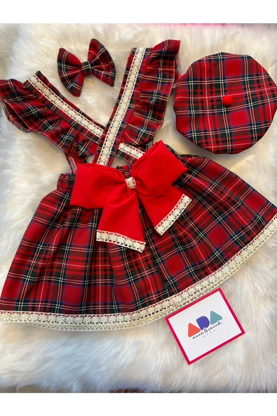 Kız Çocuk Dantelli Kırmızı Ekose Elbise Şapka Toka Set , Ekose Salopet Takım - 8