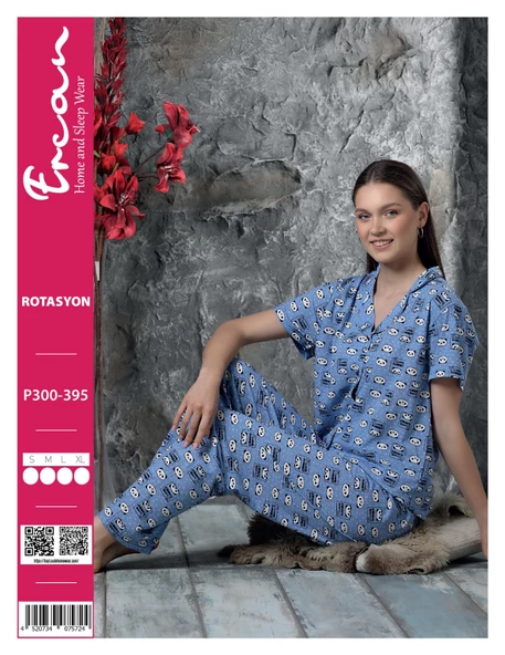ERCAN P-300-395 BAYAN ROTASYON GENÇ GÖMLEK KISA KOL PİJAMA TAKIMI