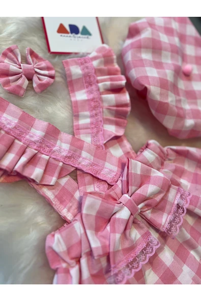 Kız Çocuk Pembe Kareli Salopet Şapka Klips Toka Set, Kız Çocuk Barbie Salopet - 6