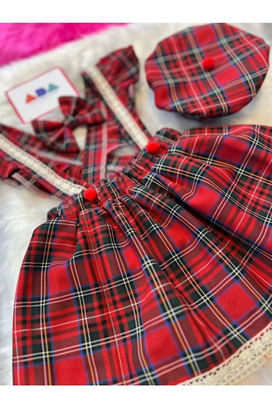 Kız Çocuk Dantelli Kırmızı Ekose Elbise Şapka Toka Set , Ekose Salopet Takım - 4