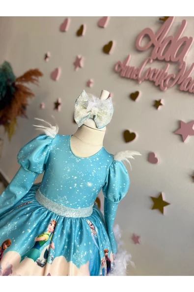 KIZ ÇOCUK ELSA KARLAR KRALİÇESİ TÜYLÜ VE TÜLLÜ KABARIK TASARIM ELBİSE - 6