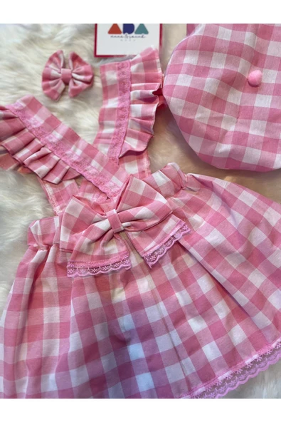 Kız Çocuk Pembe Kareli Salopet Şapka Klips Toka Set, Kız Çocuk Barbie Salopet - 3