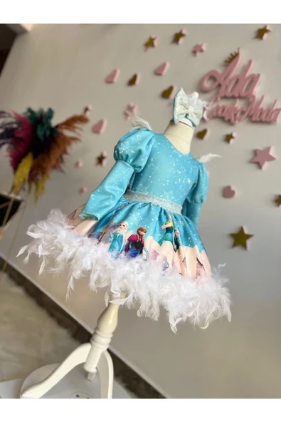 KIZ ÇOCUK ELSA KARLAR KRALİÇESİ TÜYLÜ VE TÜLLÜ KABARIK TASARIM ELBİSE - 3