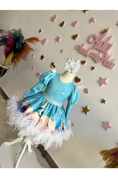 KIZ ÇOCUK ELSA KARLAR KRALİÇESİ TÜYLÜ VE TÜLLÜ KABARIK TASARIM ELBİSE - 2