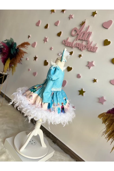 KIZ ÇOCUK ELSA KARLAR KRALİÇESİ TÜYLÜ VE TÜLLÜ KABARIK TASARIM ELBİSE - 8