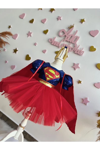 KIZ ÇOCUK SUPER GİRL PELERİNLİ KABARIK KOSTÜM ELBİSE - 5