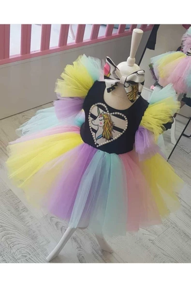 Kız Çocuk Unicorn My Little Pony Renkli Kabarık Elbise Önü Kalp Detaylı - 2