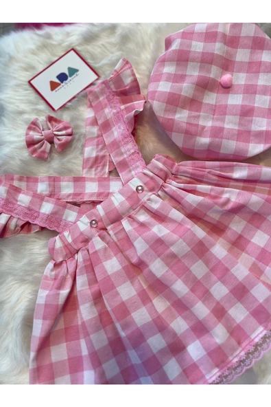 Kız Çocuk Pembe Kareli Salopet Şapka Klips Toka Set, Kız Çocuk Barbie Salopet - 5