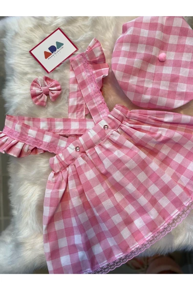 Kız Çocuk Pembe Kareli Salopet Şapka Klips Toka Set, Kız Çocuk Barbie Salopet - 2