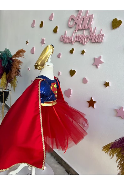 KIZ ÇOCUK SUPER GİRL PELERİNLİ KABARIK KOSTÜM ELBİSE - 6