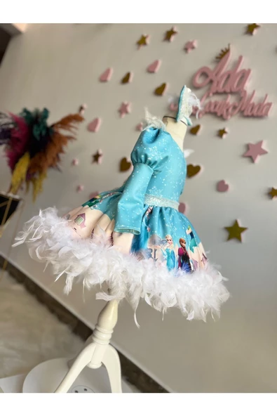 KIZ ÇOCUK ELSA KARLAR KRALİÇESİ TÜYLÜ VE TÜLLÜ KABARIK TASARIM ELBİSE - 4