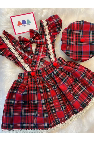 Kız Çocuk Dantelli Kırmızı Ekose Elbise Şapka Toka Set , Ekose Salopet Takım - 3