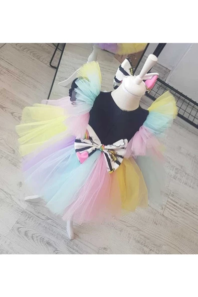 Kız Çocuk Unicorn My Little Pony Renkli Kabarık Elbise Önü Kalp Detaylı - 3
