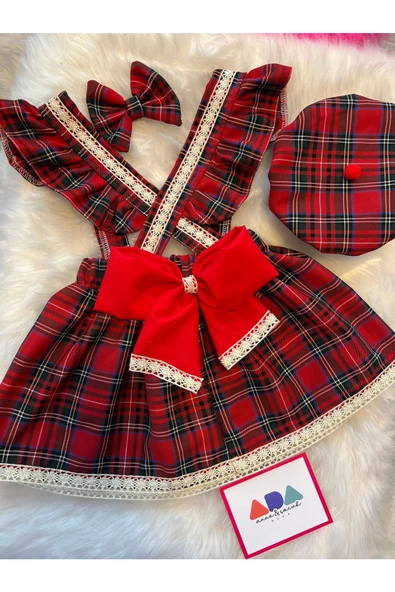 Kız Çocuk Dantelli Kırmızı Ekose Elbise Şapka Toka Set , Ekose Salopet Takım - 6