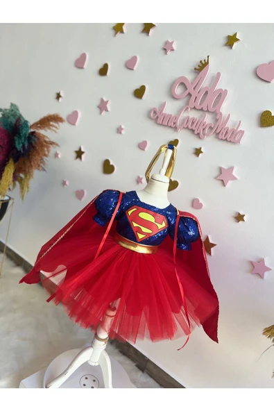KIZ ÇOCUK SUPER GİRL PELERİNLİ KABARIK KOSTÜM ELBİSE - 8