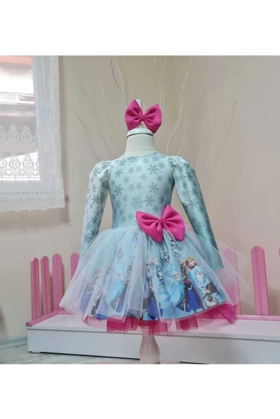 Kız Çocuk Elsa Karlar Kraliçesi Elbise Fuşya Detaylı - 2