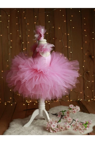 Kız Çocuk Pembe Kabarık Tüllü Pamuk Şeker Tütü Elbise - 3