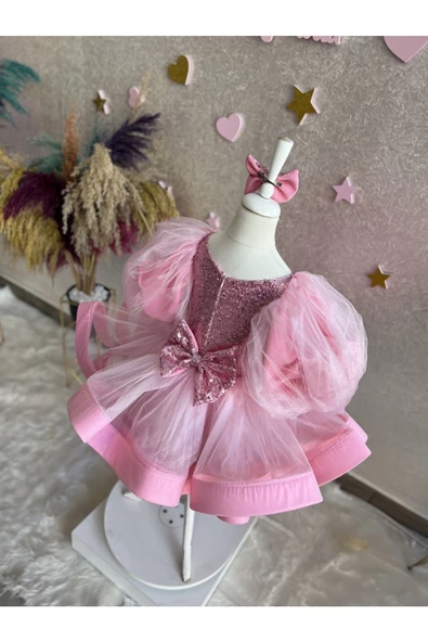 Kız çocuk pembe payetli çok kabarık grenli balon kol abiye elbise - 3