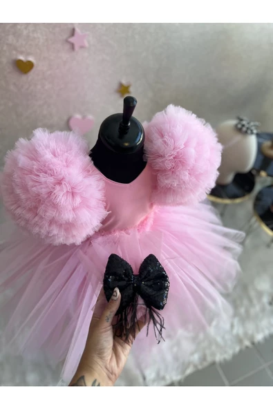 Kız çocuk pembe tüllü çok kabarık kolları balon abiye elbise - 5