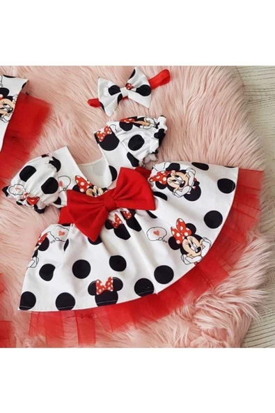 Beyaz Kırmızı Puanlı Tüllü Mickey (miki) Mouse Çocuk Elbise - 3