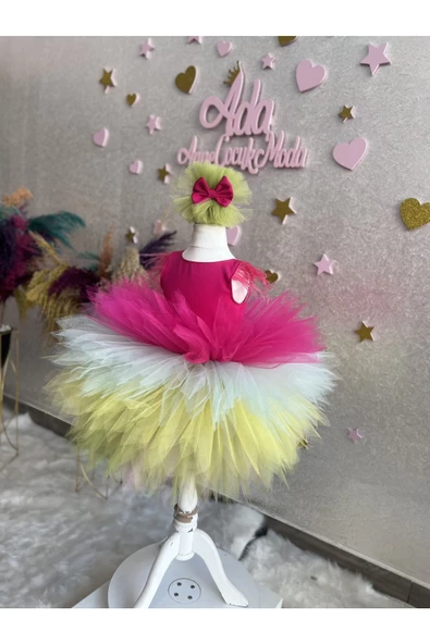 Kız çocuk kat kat tüllü kabarık rainbow abiye elbise - 4