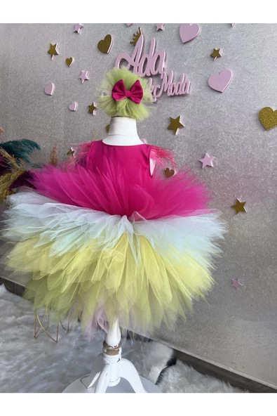 Kız çocuk kat kat tüllü kabarık rainbow abiye elbise - 2