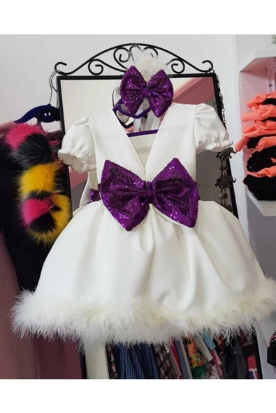 Beyaz, Etek Ucu Tüylü, Payet Detaylı Kız Çocuk Abiye Elbise - 2