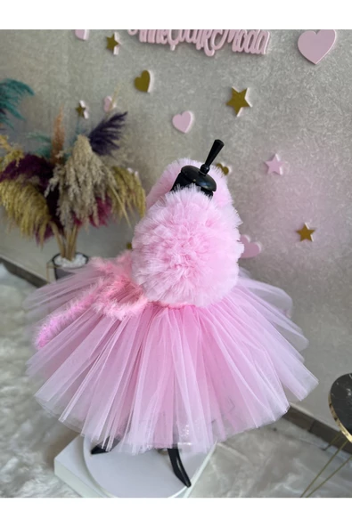 Kız çocuk pembe tüllü çok kabarık kolları balon abiye elbise - 8