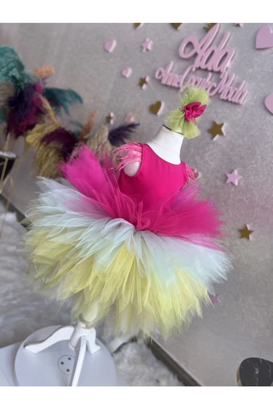 Kız çocuk kat kat tüllü kabarık rainbow abiye elbise - 3