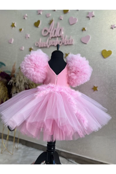 Kız çocuk pembe tüllü çok kabarık kolları balon abiye elbise - 4