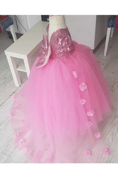 Kız Çocuk Pembe Payetli Abiye Elbise - 3