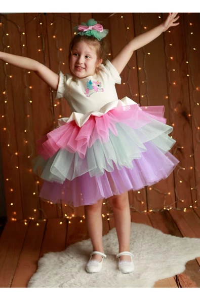 Kız Çocuk Renkli Unicorn Elbise - 4