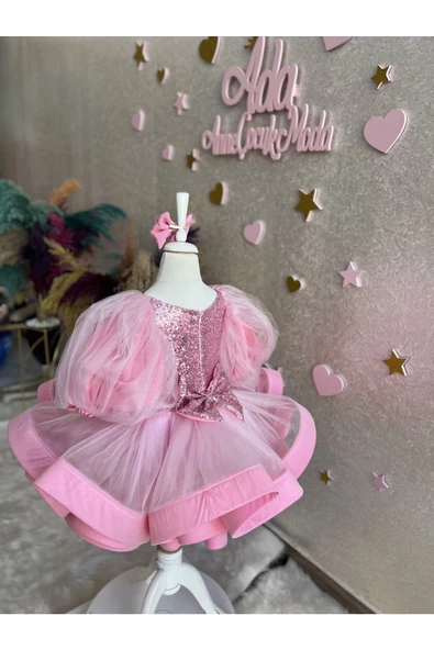 Kız çocuk pembe payetli çok kabarık grenli balon kol abiye elbise - 5